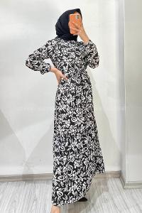 Modalamelif Beli Kuşaklı Çiçek Desenli Elbise Siyah