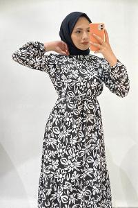 Modalamelif Beli Kuşaklı Çiçek Desenli Elbise Siyah