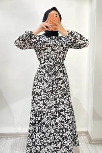 Modalamelif Beli Kuşaklı Çiçek Desenli Elbise Siyah