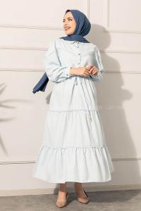 Modalamelif Önü Düğmeli Dantelli Elbise Açık Mavi