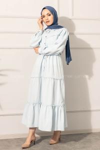 Modalamelif Önü Düğmeli Dantelli Elbise Açık Mavi