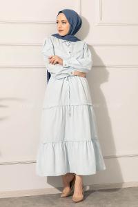 Modalamelif Önü Düğmeli Dantelli Elbise Açık Mavi