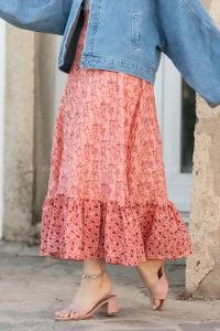 Modalamelif Çiçek Desenli Eteği Fırfır Detaylı Etek Gül