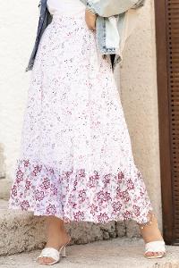 Modalamelif Minimal Yaprak Desenli Eteği Fırfır Detaylı Etek  Ekru