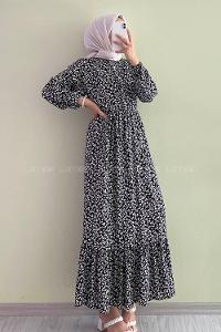 Modalamelif Önü Yarım Düğmeli Yonca Desenli Fırfırlı Elbise Siyah