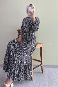 Modalamelif Önü Yarım Düğmeli Yonca Desenli Fırfırlı Elbise Siyah
