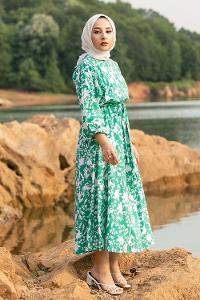Modalamelif Bisiklet Yaka Beli Kuşaklı Elbise Çağla Yeşili