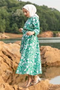 Modalamelif Bisiklet Yaka Beli Kuşaklı Elbise Çağla Yeşili