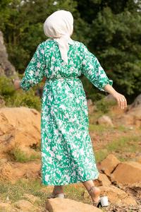 Modalamelif Bisiklet Yaka Beli Kuşaklı Elbise Çağla Yeşili