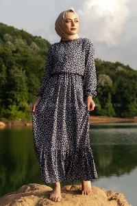 Modalamelif Minimal Çiçek Desenli Önü Yarım Düğmeli Elbise Lacivert