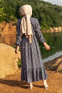 Modalamelif Minimal Çiçek Desenli Önü Yarım Düğmeli Elbise Lacivert