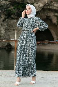 Modalamelif Önü Yarım Düğmeli  Çiçek Desenli Fırfırlı Elbise Haki