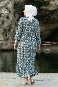 Modalamelif Önü Yarım Düğmeli  Çiçek Desenli Fırfırlı Elbise Haki