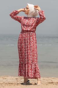 Modalamelif Önü Yarım Düğmeli  Çiçek Desenli Fırfırlı Elbise Kırmızı