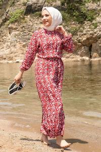 Modalamelif Önü Yarım Düğmeli  Çiçek Desenli Fırfırlı Elbise Kırmızı