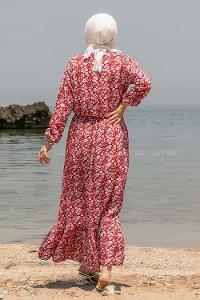 Modalamelif Önü Yarım Düğmeli  Çiçek Desenli Fırfırlı Elbise Kırmızı