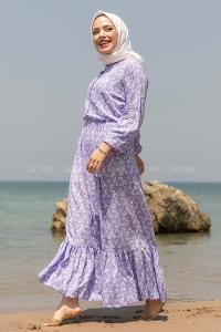 Modalamelif Önü Yarım Düğmeli Papatya Desenli Elbise Lila