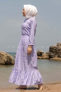 Modalamelif Önü Yarım Düğmeli Papatya Desenli Elbise Lila