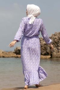 Modalamelif Önü Yarım Düğmeli Papatya Desenli Elbise Lila