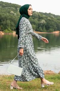 Modalamelif Önü Yarım Düğmeli Papatya Desenli Eteği Fırfırlı Elbise Yeşil