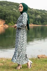 Modalamelif Önü Yarım Düğmeli Papatya Desenli Eteği Fırfırlı Elbise Yeşil