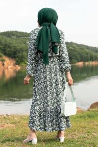 Modalamelif Önü Yarım Düğmeli Papatya Desenli Eteği Fırfırlı Elbise Yeşil