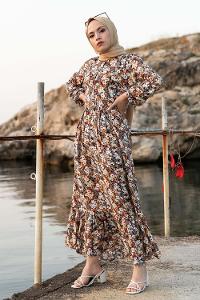 Modalamelif Önü Yarım Düğmeli Soyut Desenli Eteği Fırfırlı Elbise Bej