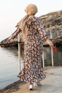 Modalamelif Önü Yarım Düğmeli Soyut Desenli Eteği Fırfırlı Elbise Bej