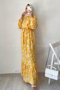 Modalamelif Omuz Fırfırlı Kuşaklı Çiçek Motifli Elbise Sarı