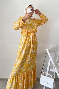 Modalamelif Omuz Fırfırlı Kuşaklı Çiçek Motifli Elbise Sarı