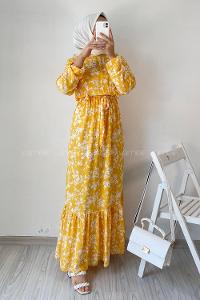 Modalamelif Omuz Fırfırlı Kuşaklı Çiçek Motifli Elbise Sarı