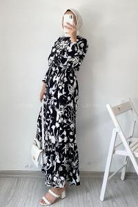 Modalamelif Önü FırFır Detaylı Beli Lastikli Kuşaklı Elbise Siyah