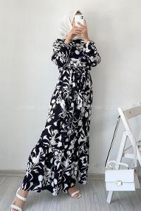 Modalamelif Önü FırFır Detaylı Beli Lastikli Kuşaklı Elbise Siyah