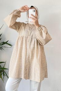 Modalamelif Yaka Fırfırlı Ekose Tunik Sütlü Kahve