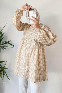 Modalamelif Yaka Fırfırlı Ekose Tunik Sütlü Kahve