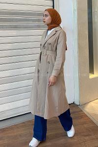 Modalamelif Önü Düğmeli Kemerli Trenç Bej