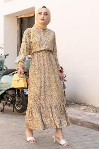 Modalamelif Önü Yarım Düğmeli  Çiçek Desenli Fırfırlı Elbise Sarı