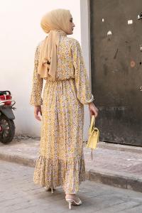 Modalamelif Önü Yarım Düğmeli  Çiçek Desenli Fırfırlı Elbise Sarı