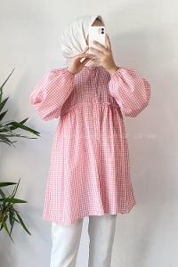 Modalamelif Yaka Fırfırlı Ekose Tunik Pudra