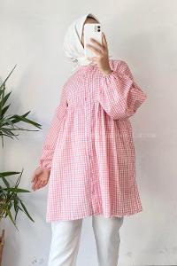 Modalamelif Yaka Fırfırlı Ekose Tunik Pudra