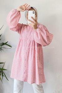 Modalamelif Yaka Fırfırlı Ekose Tunik Pudra