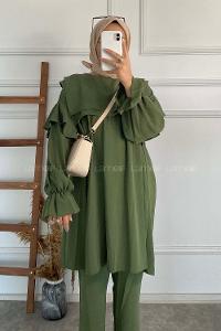 Khaki Medium Crew Neck Long Arm Without Accessories Cotton Fabric Regular Trousers Comfortable Suit