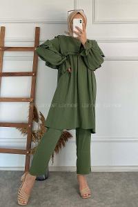 Khaki Medium Crew Neck Long Arm Without Accessories Cotton Fabric Regular Trousers Comfortable Suit
