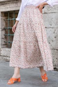 Modalamelif Minimal Çiçek  Fırfırlı Desenli Etek Ekru-Vizonrengi