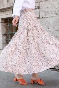 Modalamelif Minimal Çiçek  Fırfırlı Desenli Etek Ekru-Vizonrengi