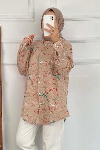 Modalamelif Yazı Baskı Detaylı Gofre Gömlek Sütlü Kahve