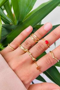 Modalamelif Kırmızı Detay Gold 7li Eklem Yüzük