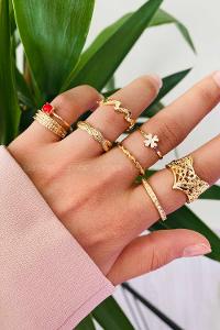 Modalamelif Kırmızı Detay Gold 8li Eklem Yüzük