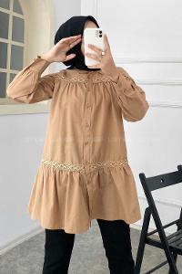 Modalamelif Önü Gizli Düğmeli Boyfriend Gömlek Camel