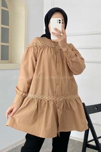 Modalamelif Önü Gizli Düğmeli Boyfriend Gömlek Camel